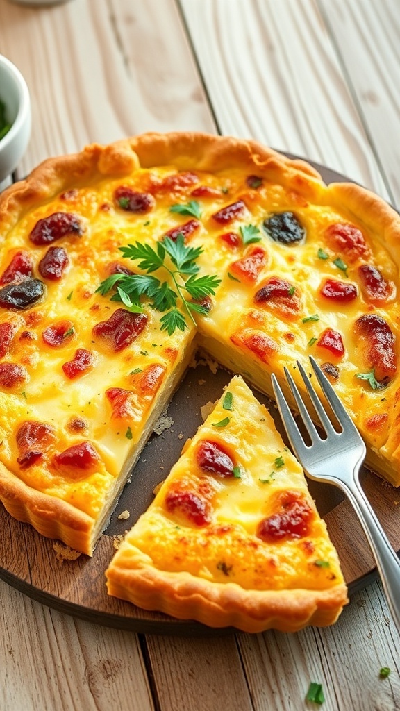 A golden five cheese quiche sliced into wedges, garnished with herbs, on a rustic table.